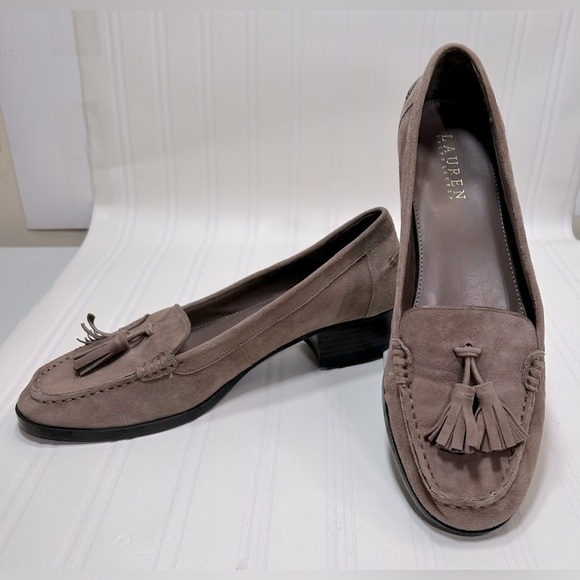 Ralph Lauren Block Heel Tassel Loafers Suede Leather 9B Neutral Beige Taupe Tan - Picture 1 of 14